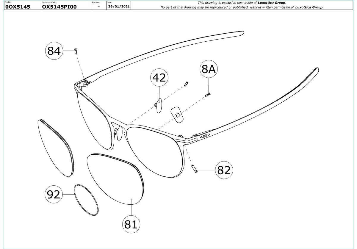 Exploded technical drawing of the Oakley Money Clip OX5145 Glasses Replacement Parts, with each replacement part numbered