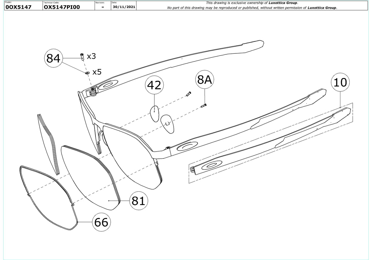 Enlarged technical drawing of the Oakley Tenon OX5147 Glasses Replacement Parts