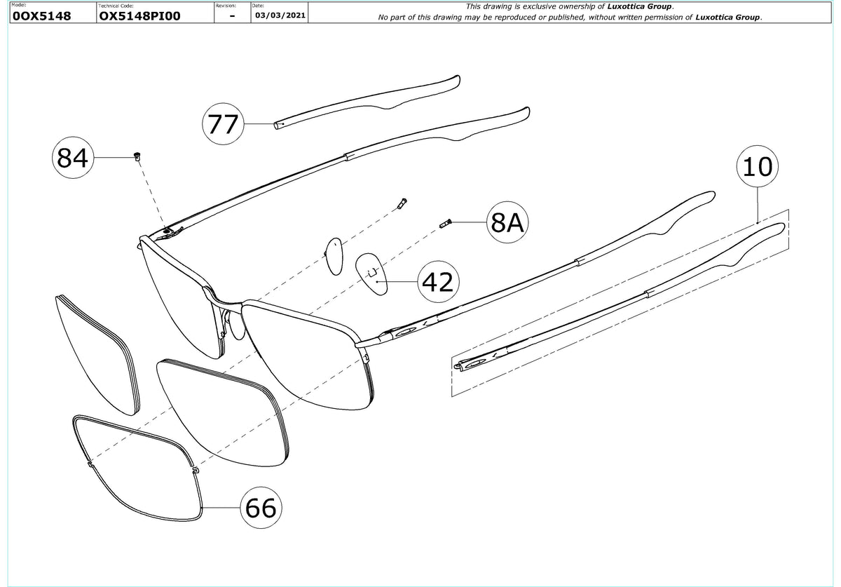 Enlarged technical drawing of the Oakley Wingback Sq OX5148 Glasses Replacement Parts