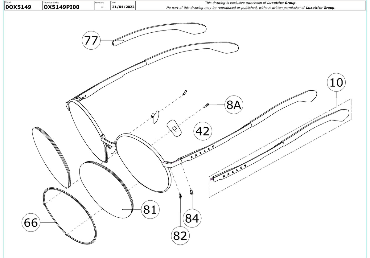 Exploded technical drawing of the Oakley Mnltr OX5149 Glasses Replacement Parts, with each replacement part numbered