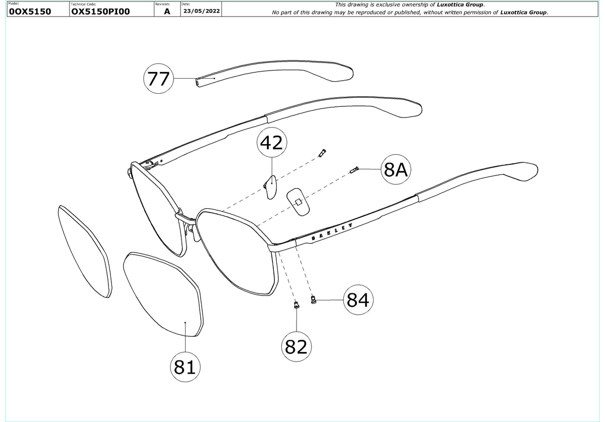Exploded technical drawing of the Oakley Sobriquet OX5150 Glasses Replacement Parts, with each replacement part numbered