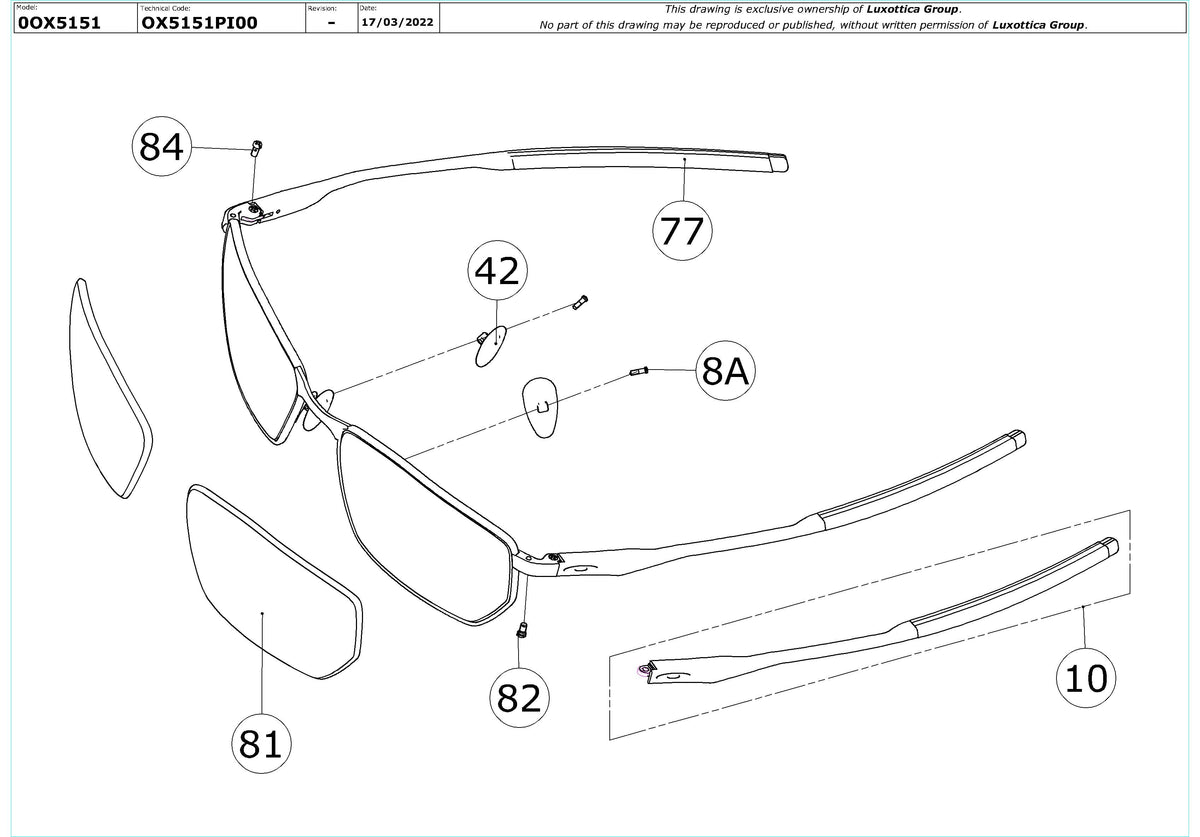 Exploded technical drawing of the Oakley Monohull OX5151 Glasses Replacement Parts, with each replacement part numbered