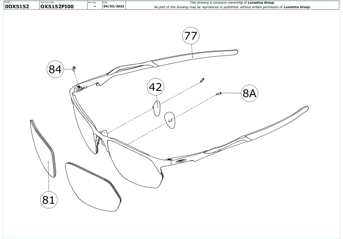 Exploded technical drawing of the Oakley Wire Tap 2.0 RX OX5152 Glasses Replacement Parts, with each replacement part numbered