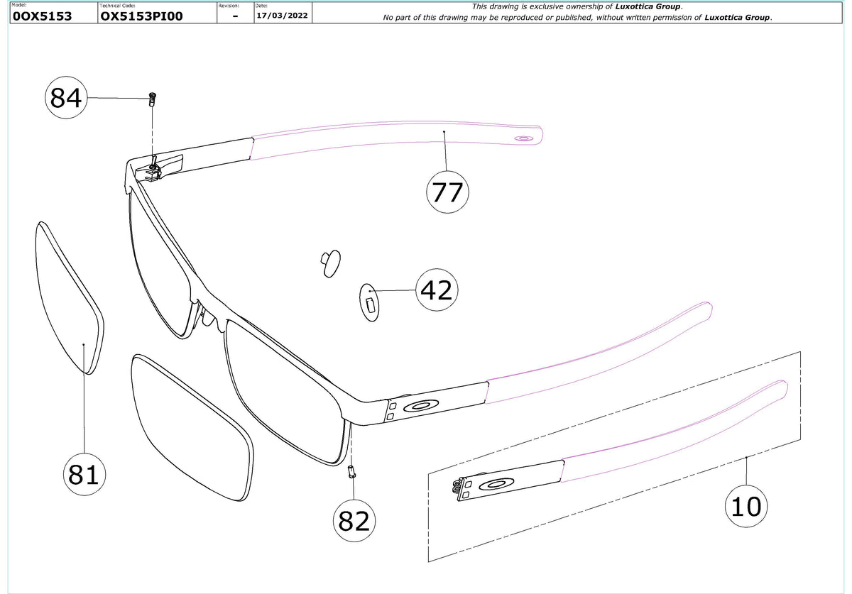 Exploded technical drawing of the Oakley Metal Plate Ti OX5153 Glasses Replacement Parts, with each replacement part numbered