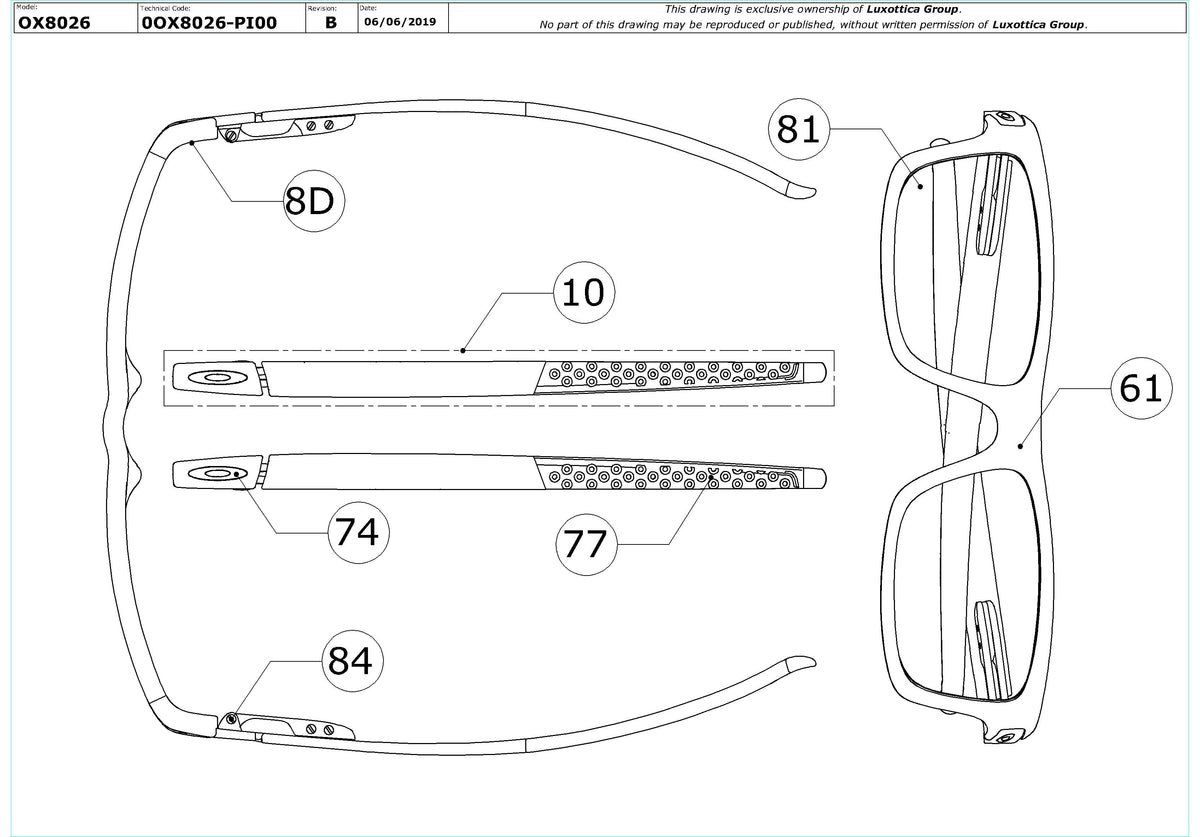 Enlarged technical drawing of the Oakley Currency OX8026 Glasses Replacement Parts