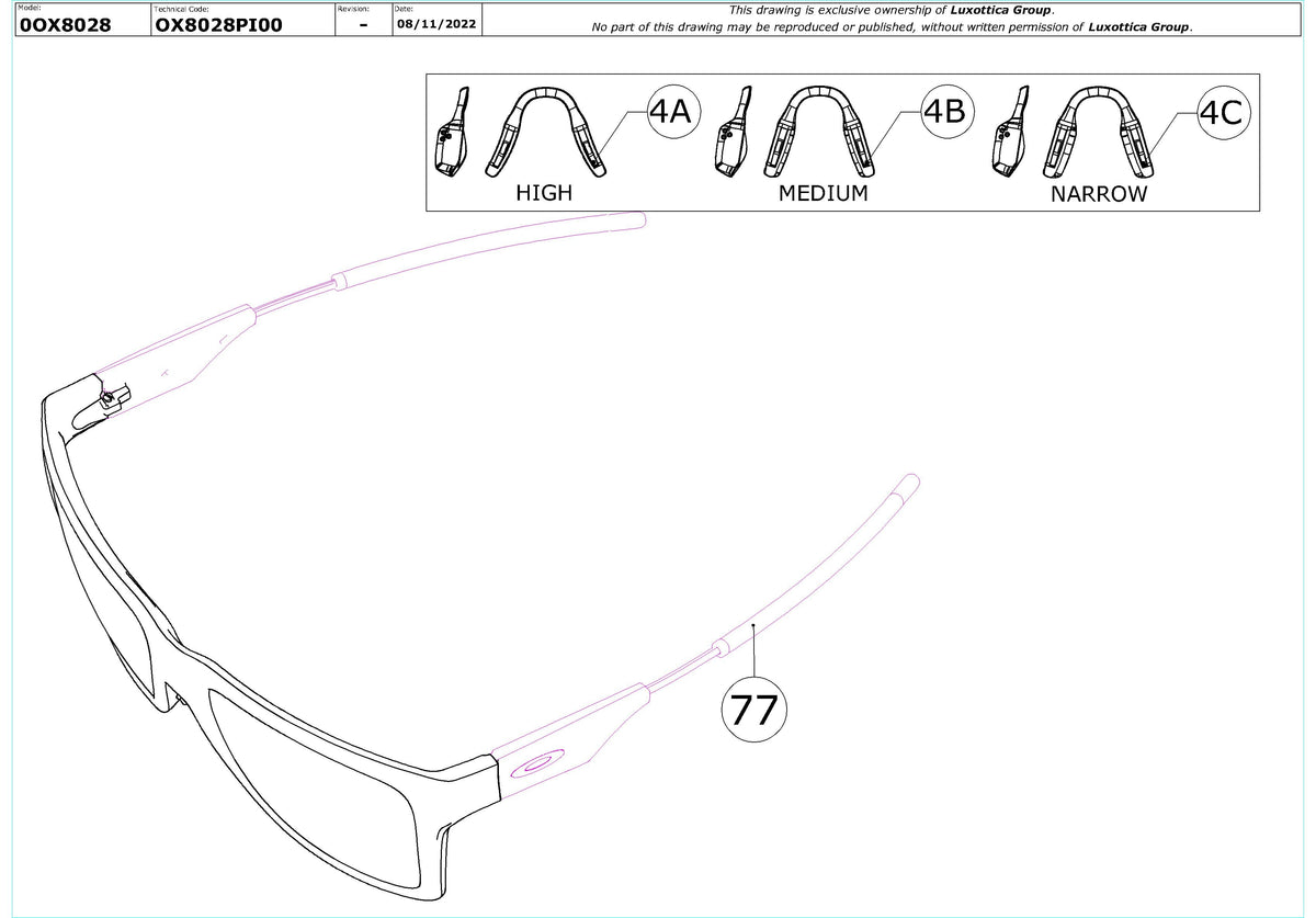 Enlarged technical drawing of the Oakley Nxtlvl OX8028 Glasses Replacement Parts