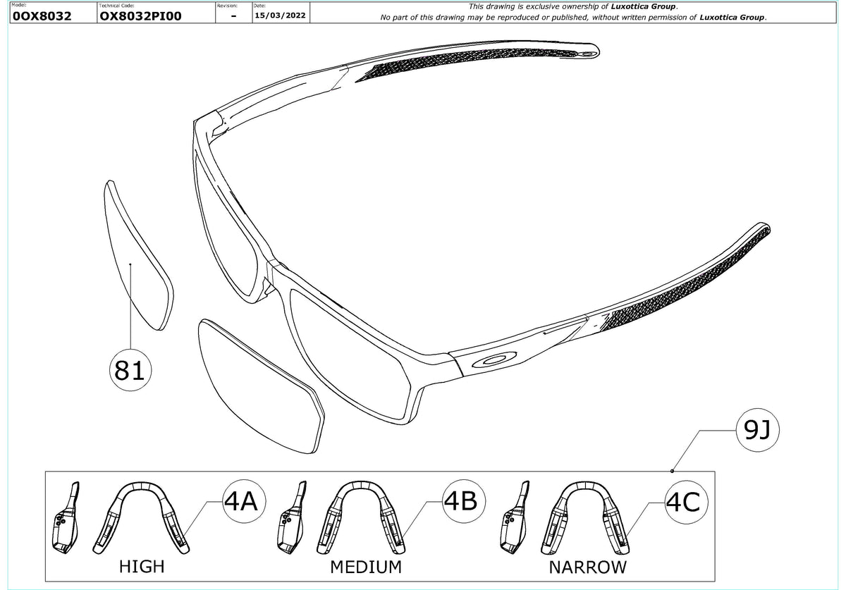 Enlarged technical drawing of the Oakley Hex Jector OX8032 Glasses Replacement Parts