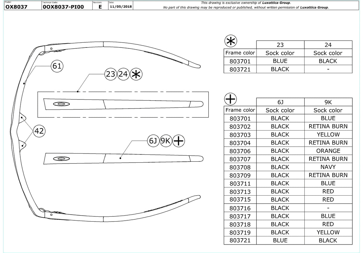 Exploded technical drawing of the Oakley Crosslink Pitch OX8037 Glasses Replacement Parts, with each replacement part numbered