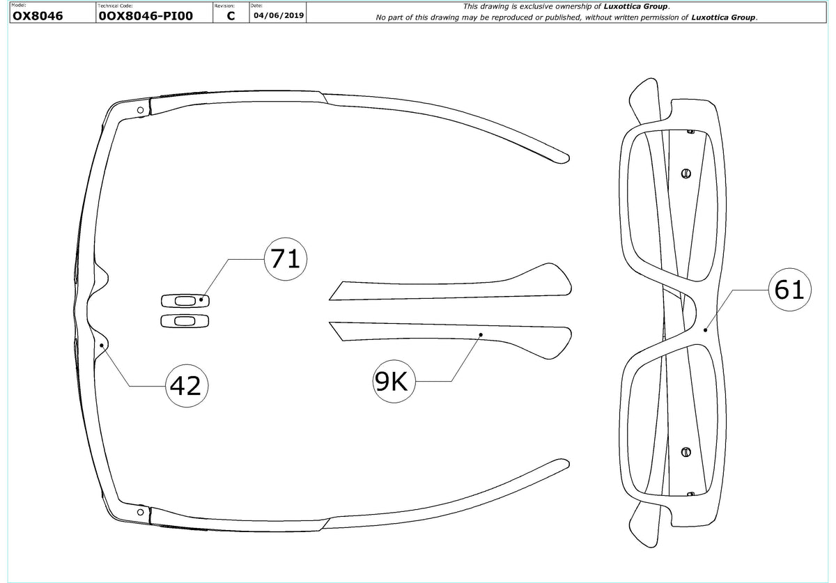 Exploded technical drawing of the Oakley Airdrop OX8046 Glasses Replacement Parts, with each replacement part numbered