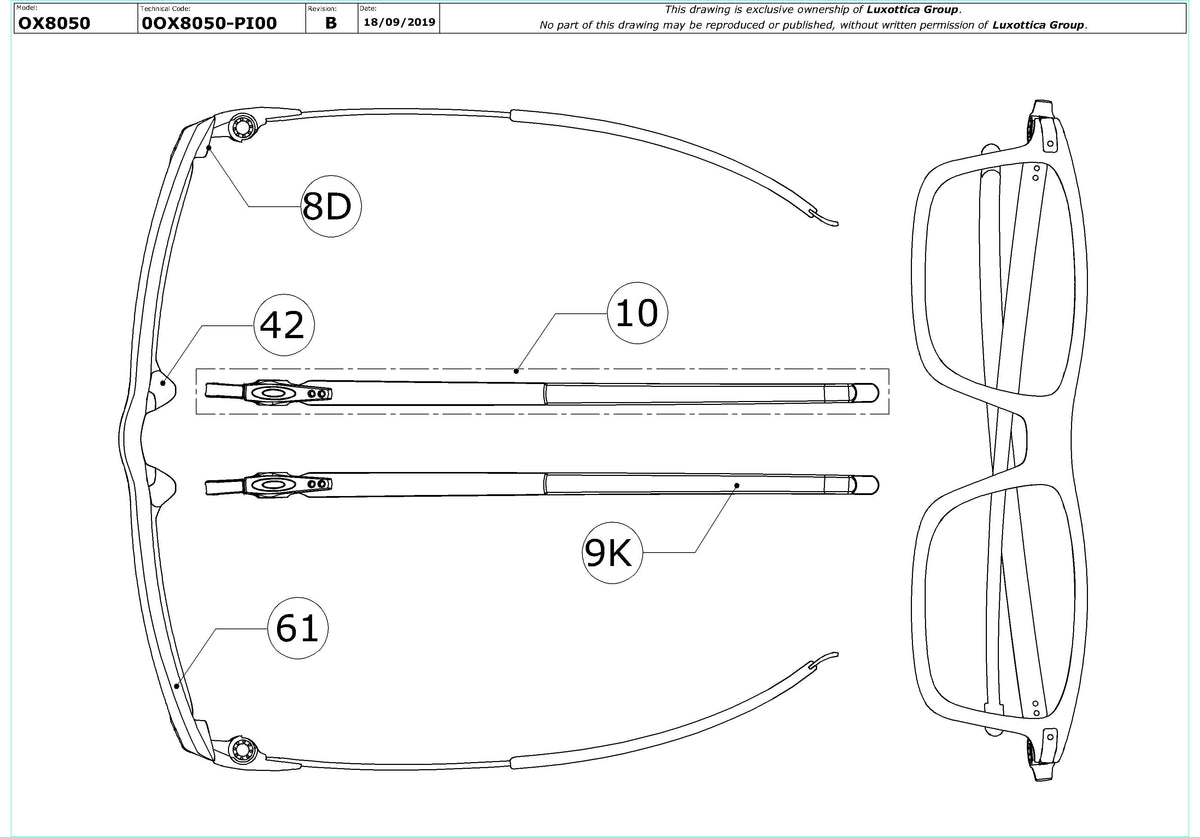 Enlarged technical drawing of the Oakley Pitchman OX8050 Glasses Replacement Parts