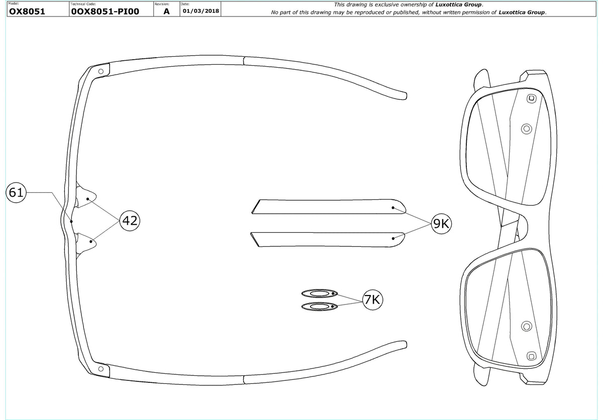 Enlarged technical drawing of the Oakley Hyperlink (A) OX8051 Glasses Replacement Parts