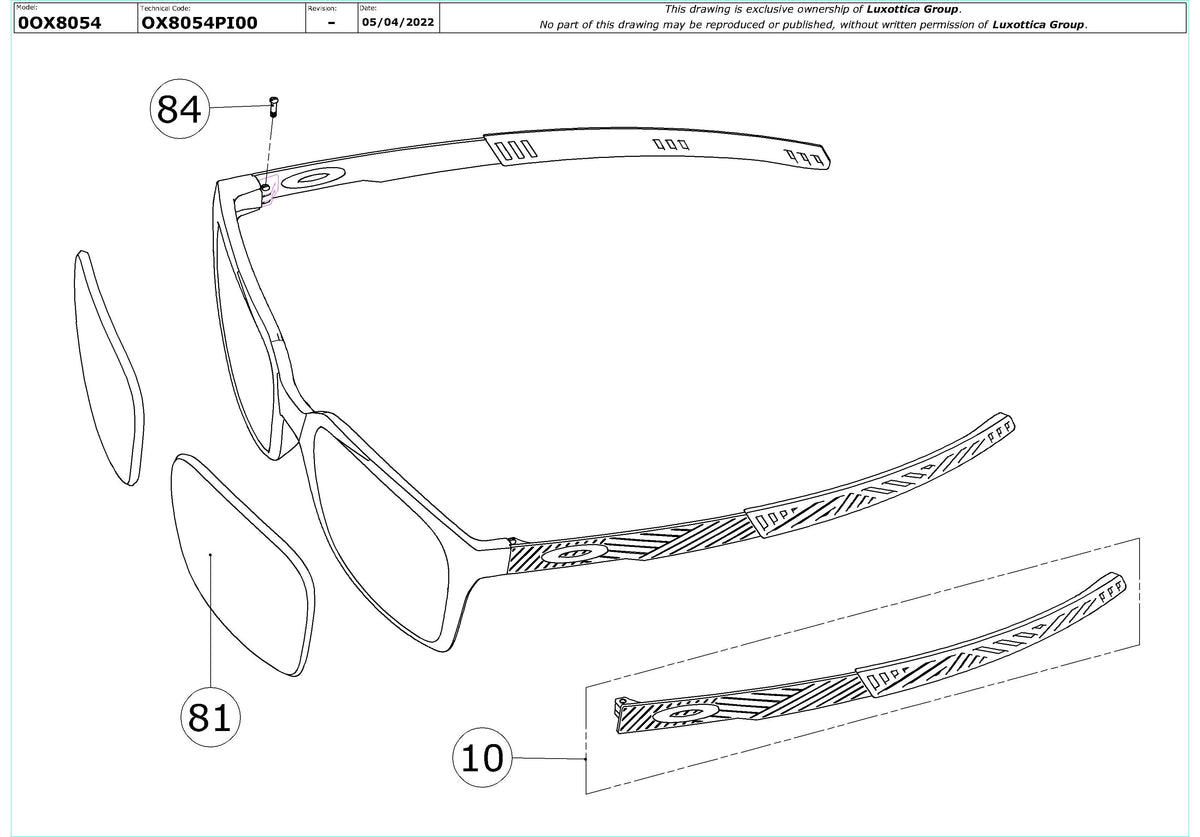 Exploded technical drawing of the Oakley Dehaven OX8054 Glasses Replacement Parts, with each replacement part numbered