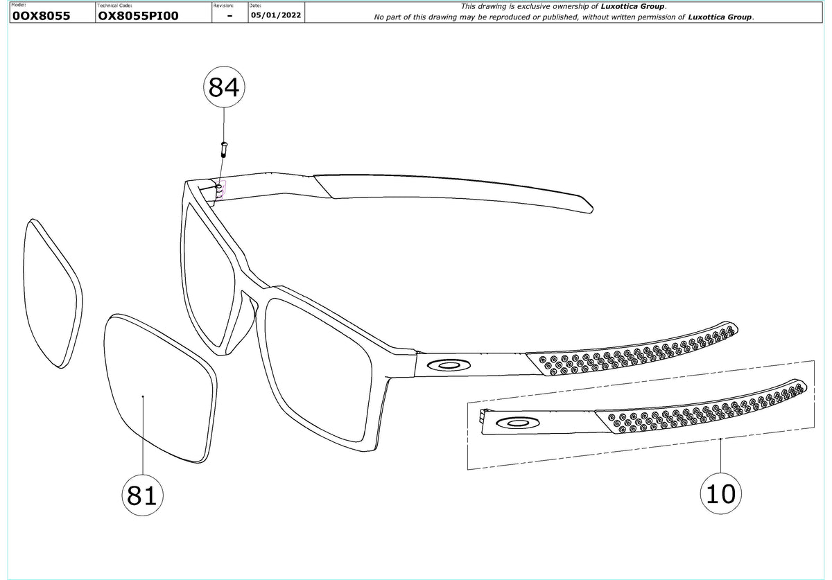 Exploded technical drawing of the Oakley Exchange OX8055 Glasses Replacement Parts, with each replacement part numbered