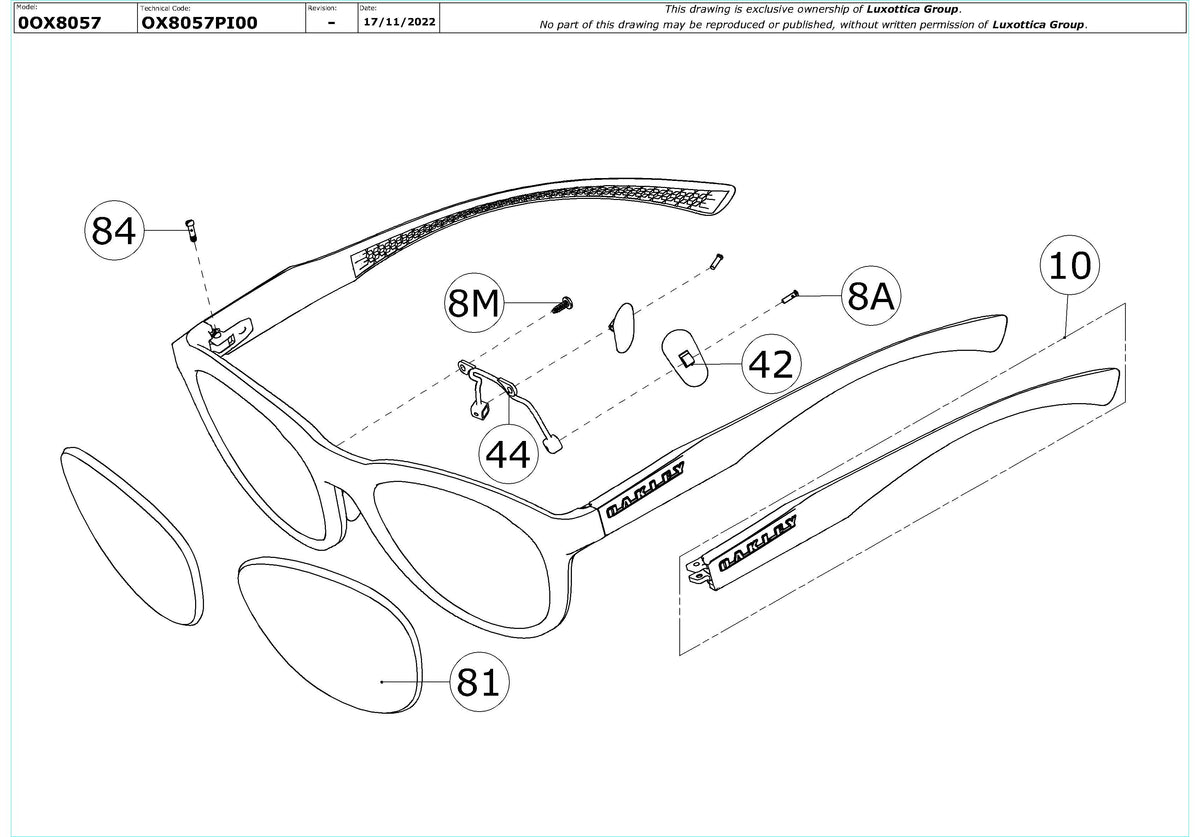 Enlarged technical drawing of the Oakley Draw Up OX8057 Glasses Replacement Parts