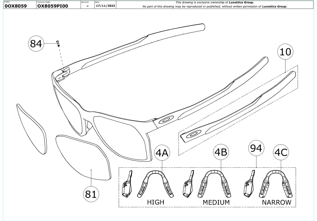 Exploded technical drawing of the Oakley Ctrlnk OX8059 Glasses Replacement Parts, with each replacement part numbered