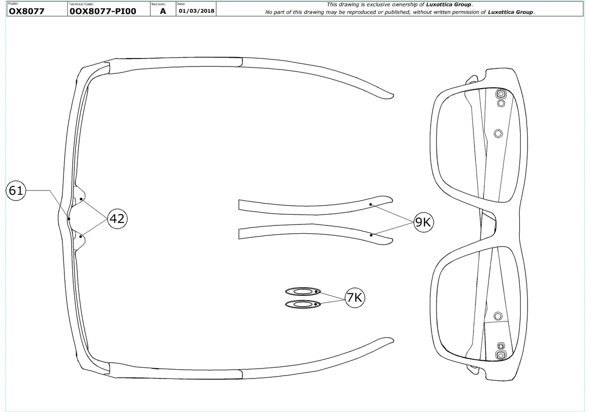 Exploded technical drawing of the Oakley Splinter OX8077 Glasses Replacement Parts, with each replacement part numbered