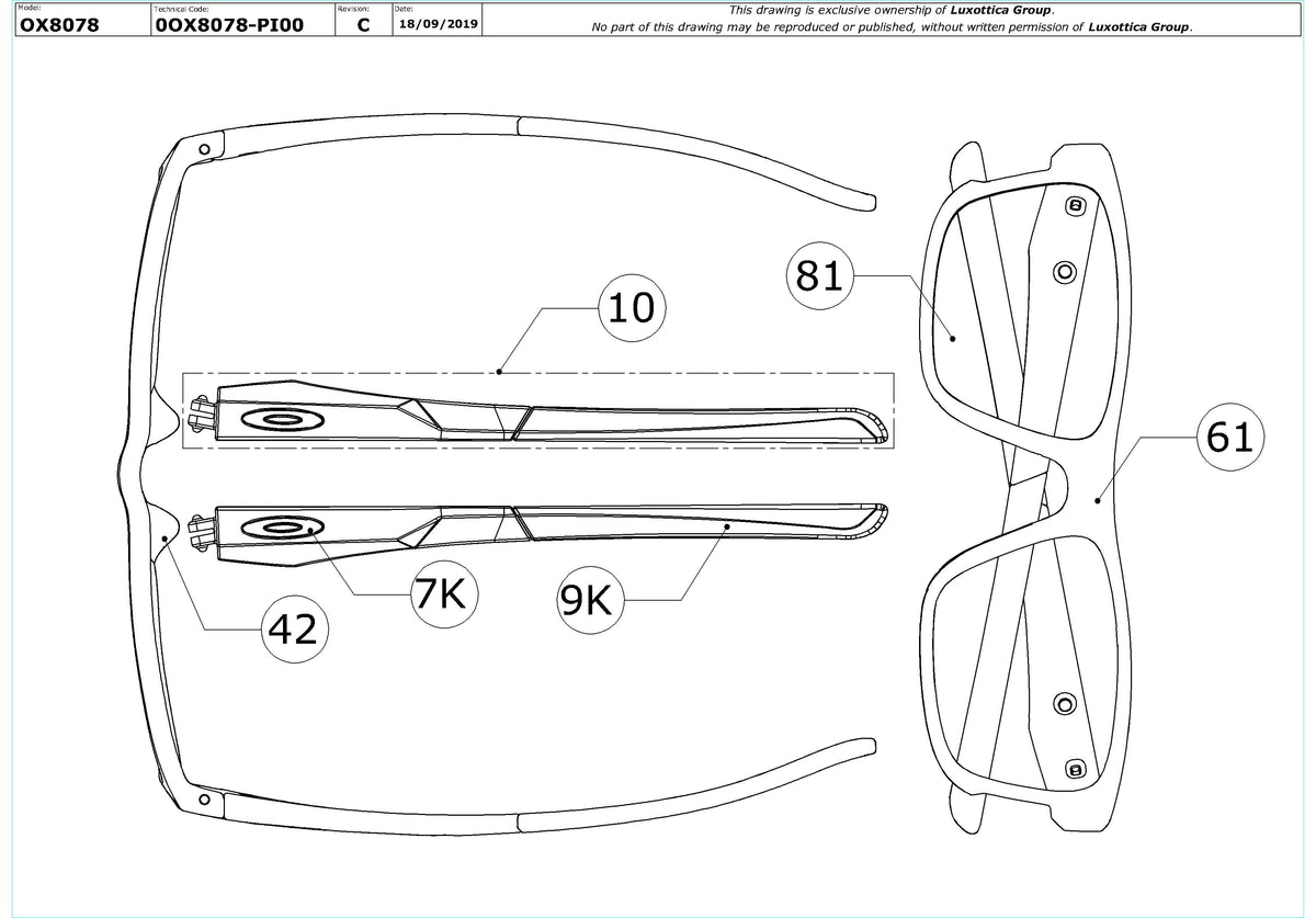Enlarged technical drawing of the Oakley Hyperlink OX8078 Glasses Replacement Parts