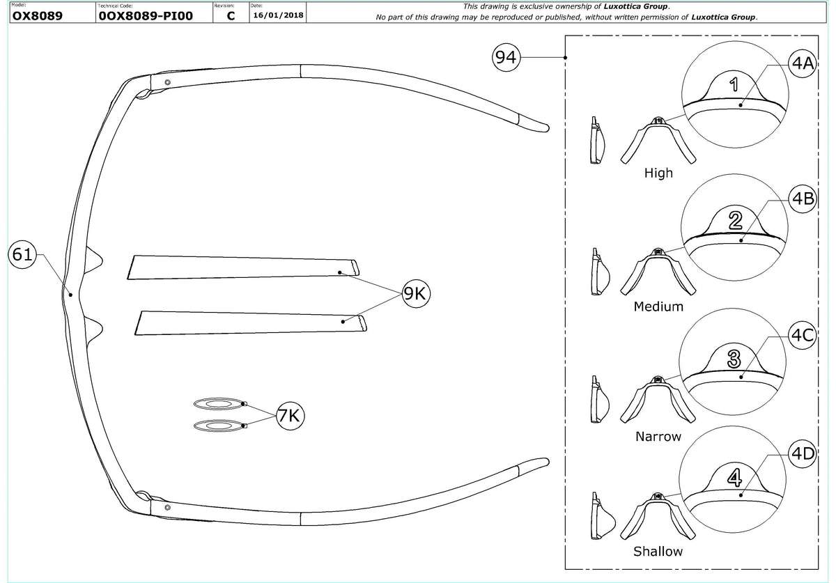 Enlarged technical drawing of the Oakley Chamfer MNP OX8089 Glasses Replacement Parts