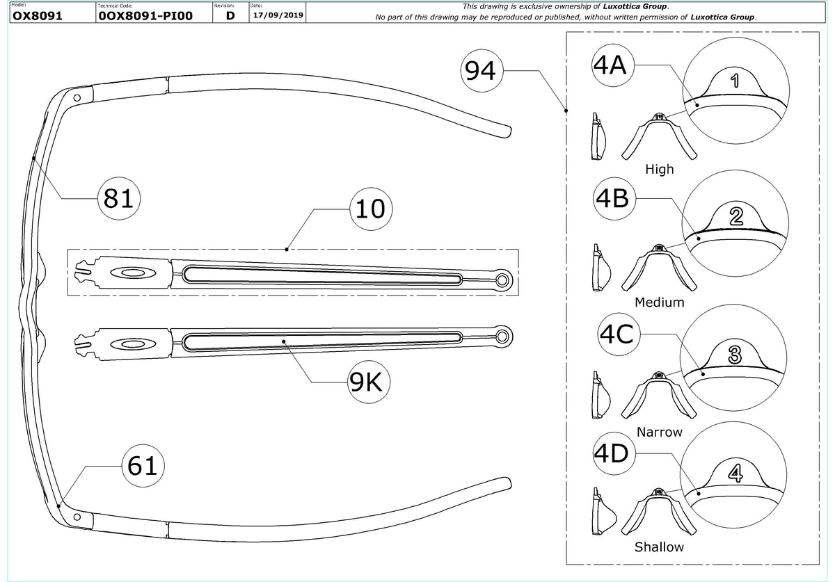 Enlarged technical drawing of the Oakley Marshal Mnp OX8091 Glasses Replacement Parts