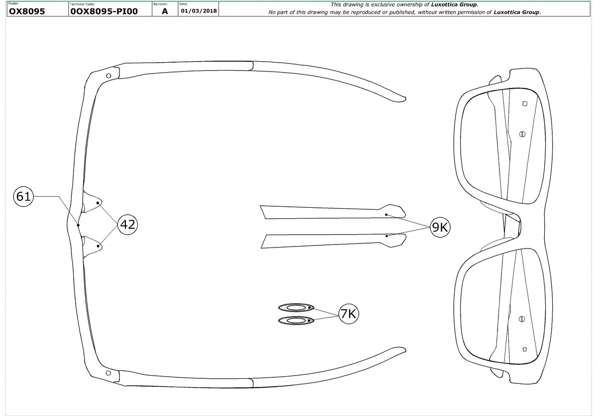 Enlarged technical drawing of the Oakley Splinter (A) OX8095 Glasses Replacement Parts
