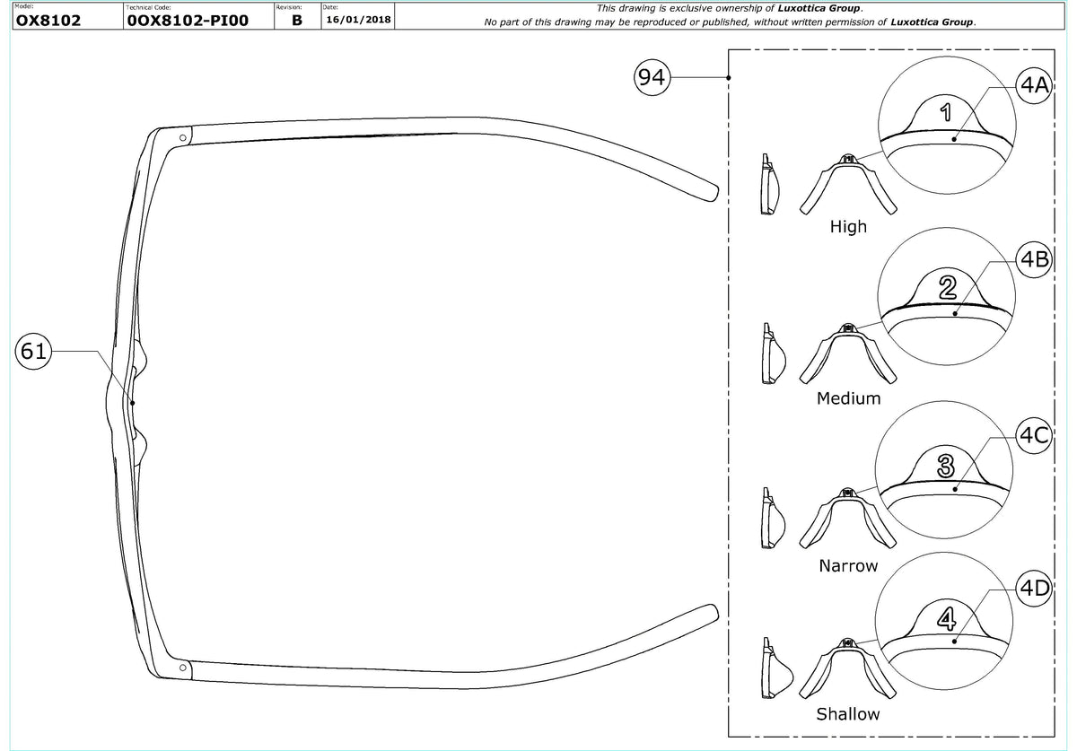 Exploded technical drawing of the Oakley Cloverleaf MNP OX8102 Glasses Replacement Parts, with each replacement part numbered