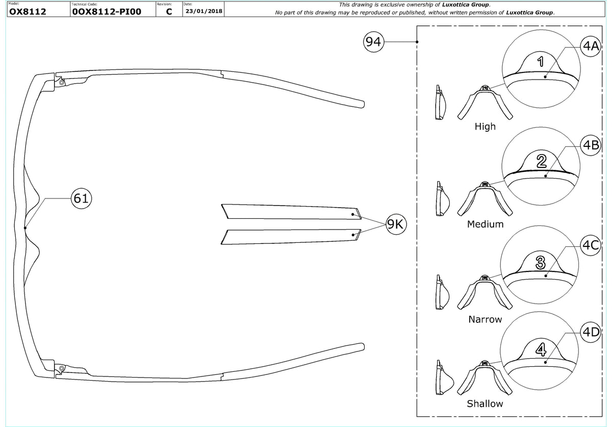 Enlarged technical drawing of the Oakley Gauge 7.1 OX8112 Glasses Replacement Parts