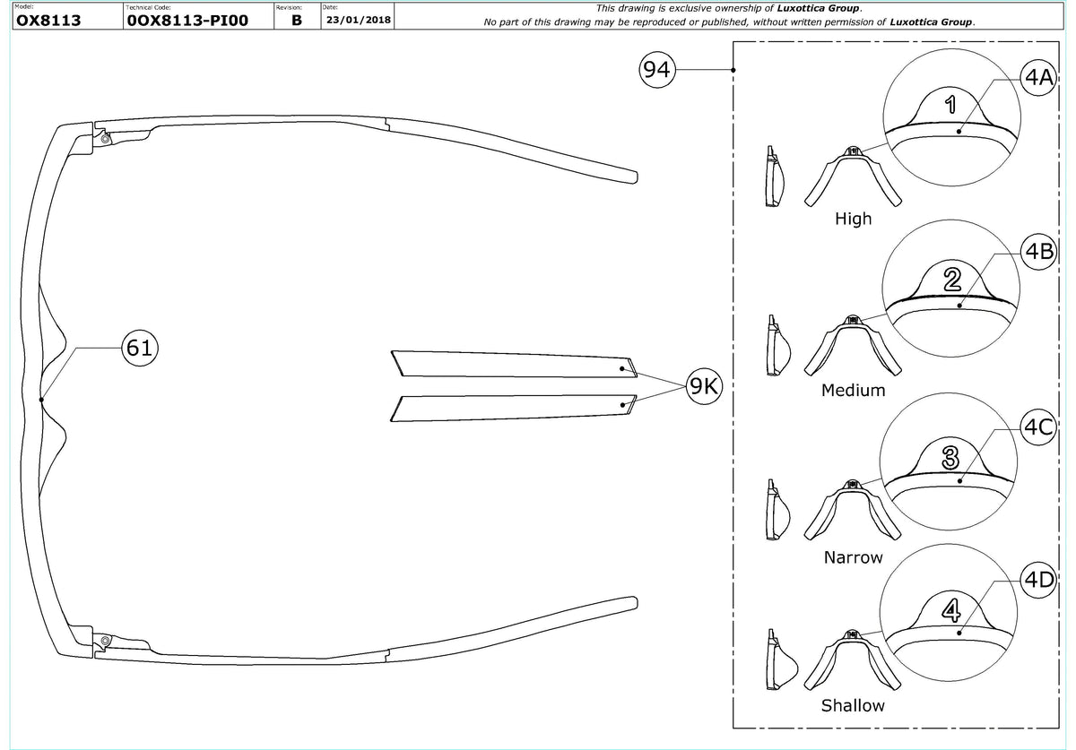 Enlarged technical drawing of the Oakley Gauge 7.2 Arch OX8113 Glasses Replacement Parts
