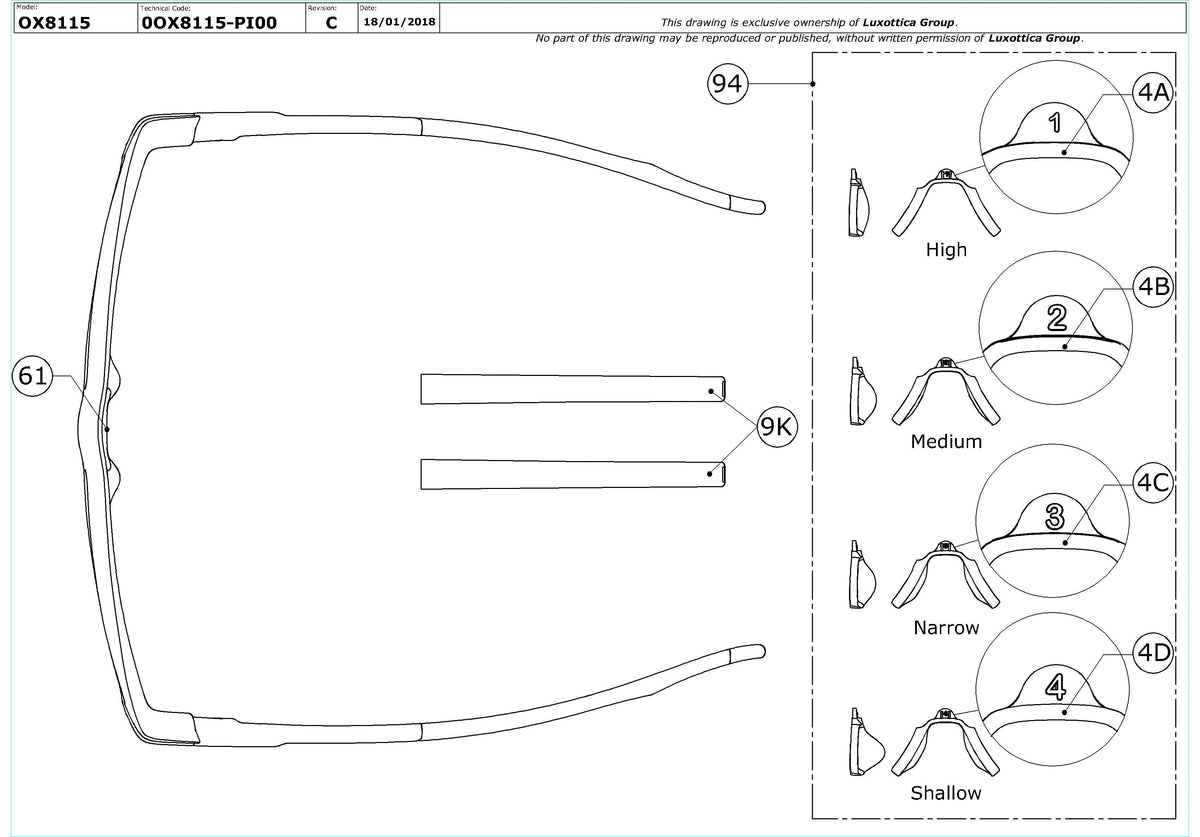 Exploded technical drawing of the Oakley Latch Ex OX8115 Glasses Replacement Parts, with each replacement part numbered