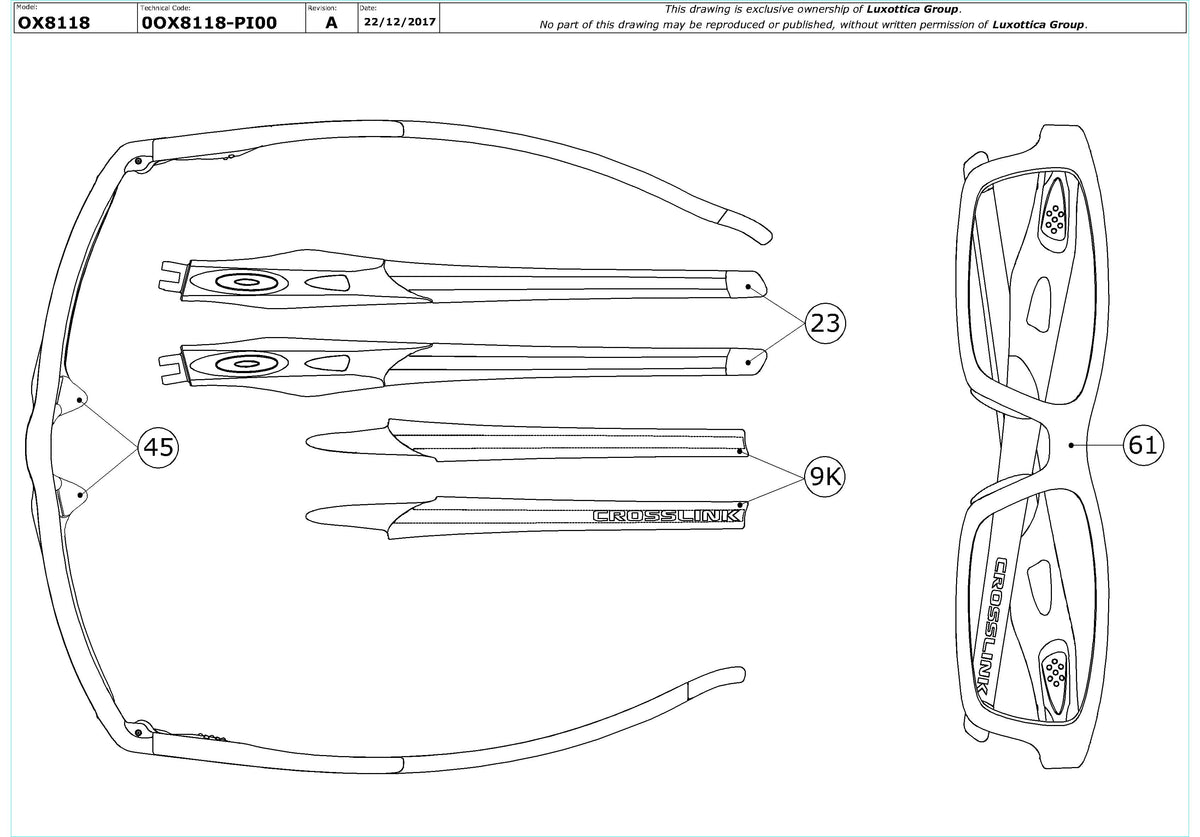 Exploded technical drawing of the Oakley Crosslink (A) OX8118 Glasses Replacement Parts, with each replacement part numbered