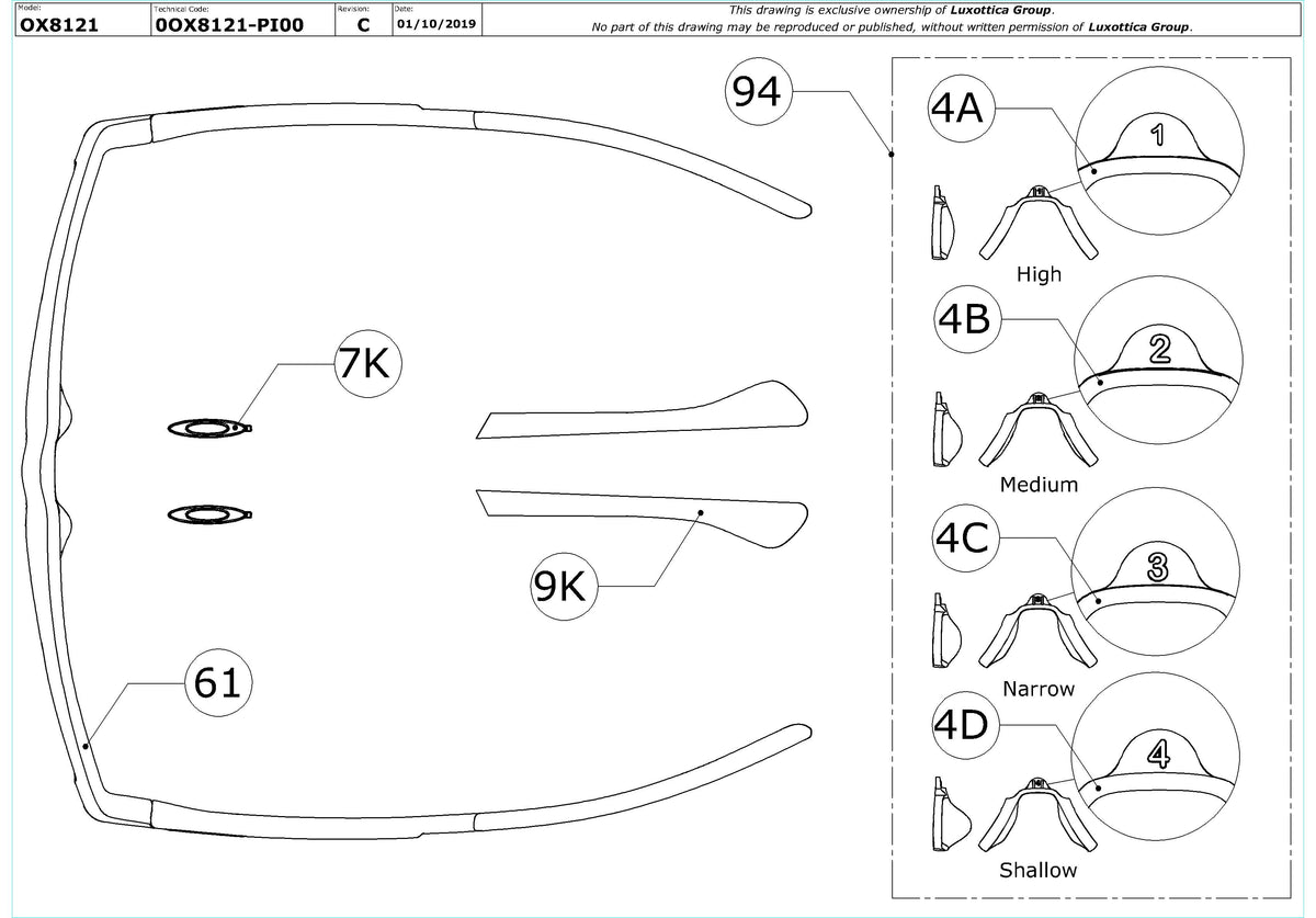 Exploded technical drawing of the Oakley Airdrop MNP OX8121 Glasses Replacement Parts, with each replacement part numbered