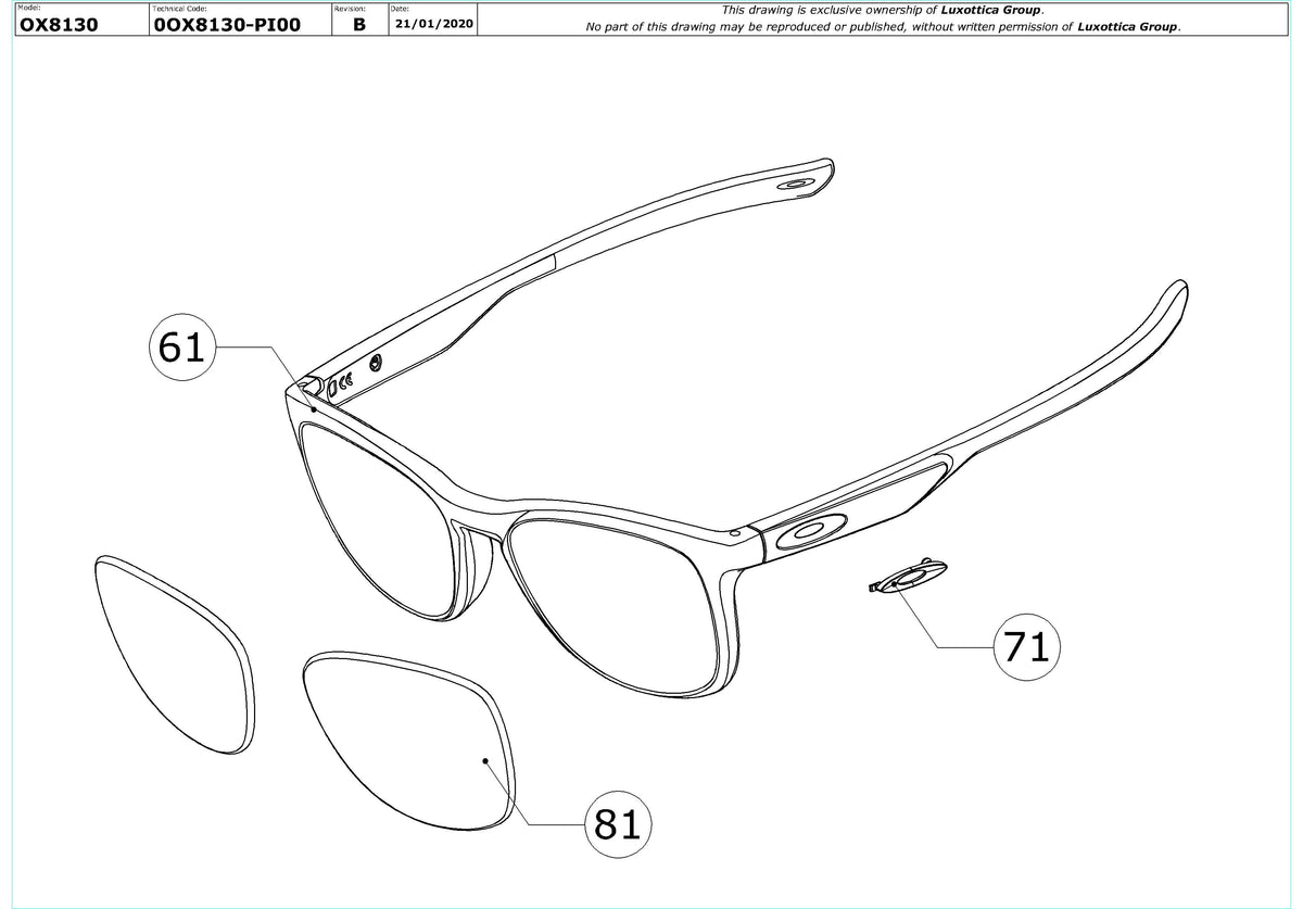 Enlarged technical drawing of the Oakley Trillbe X OX8130 Glasses Replacement Parts