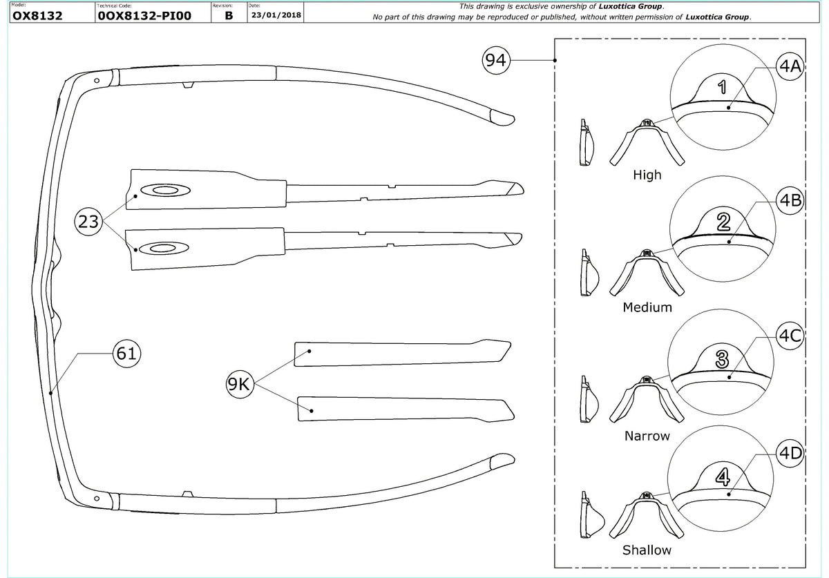 Exploded technical drawing of the Oakley Crossrange Switch OX8132 Glasses Replacement Parts, with each replacement part numbered
