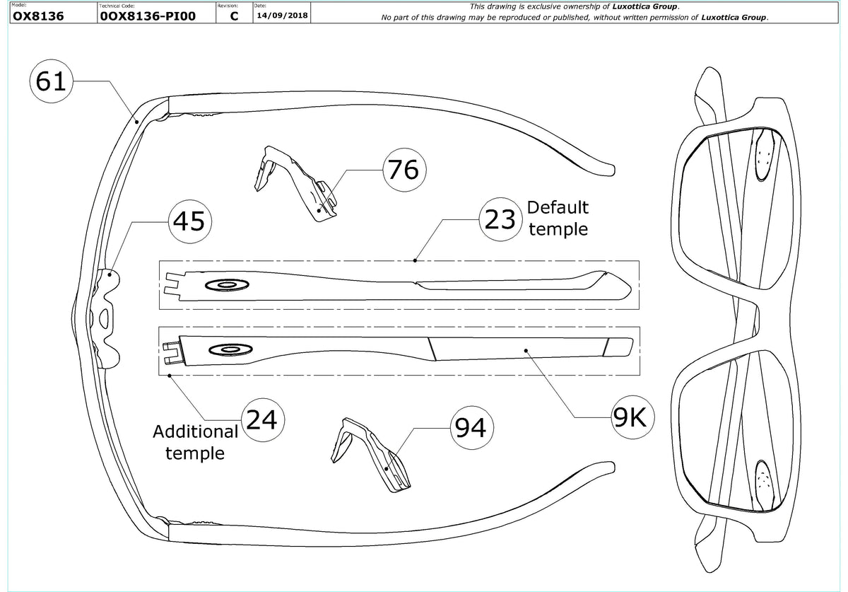 Enlarged technical drawing of the Oakley Crosslink Fit OX8136 Glasses Replacement Parts