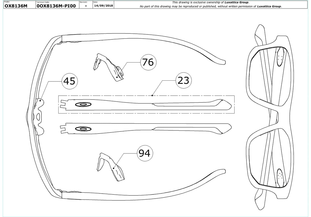 Exploded technical drawing of the Oakley Crosslink Fit OX8136M Glasses Replacement Parts, with each replacement part numbered