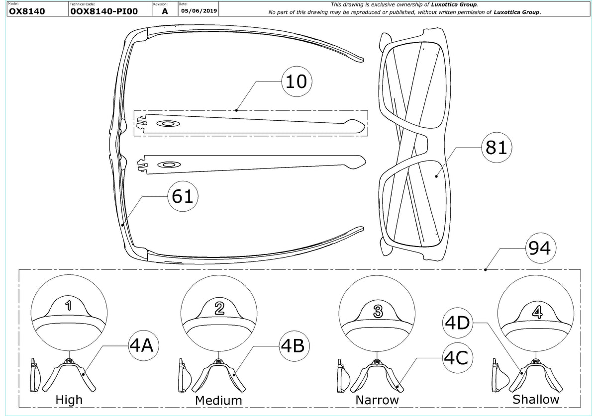 Exploded technical drawing of the Oakley Litebeam OX8140 Glasses Replacement Parts, with each replacement part numbered