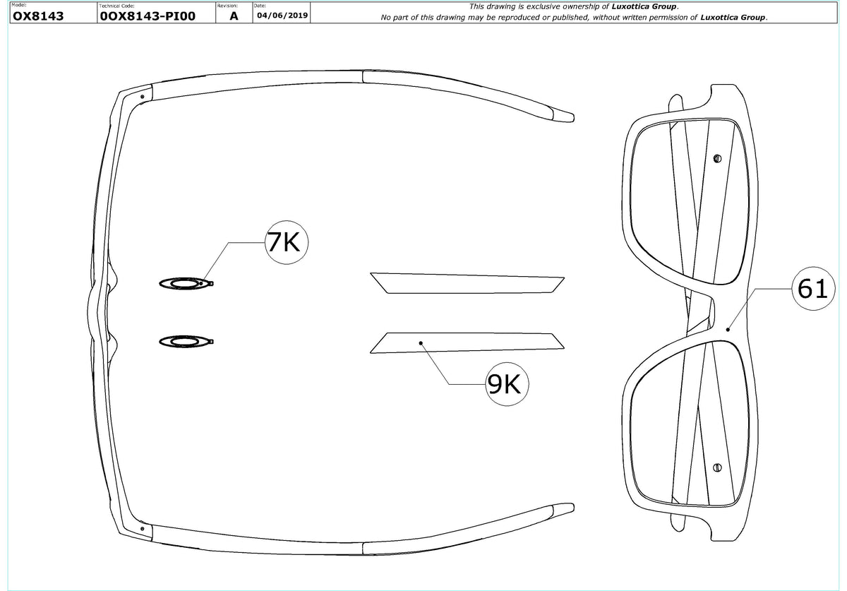 Enlarged technical drawing of the Oakley Chamfer Squared OX8143 Glasses Replacement Parts