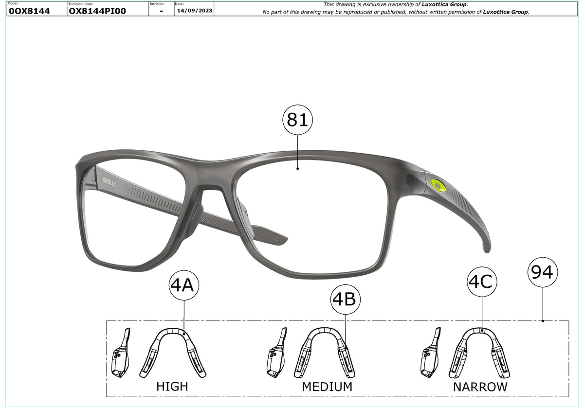 Exploded technical drawing of the Oakley Knolls OX8144 Glasses Replacement Parts, with each replacement part numbered