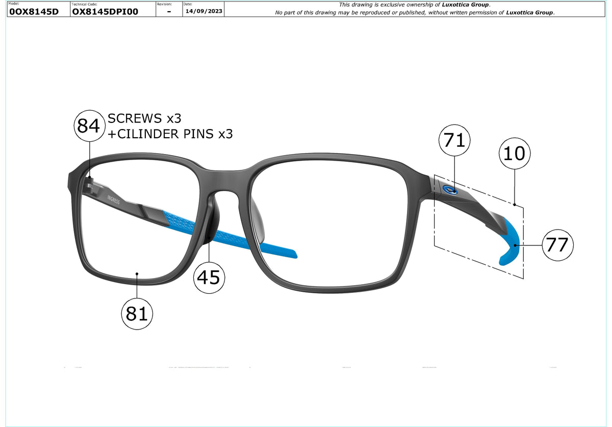 Exploded technical drawing of the Oakley Ingress OX8145D Glasses Replacement Parts, with each replacement part numbered