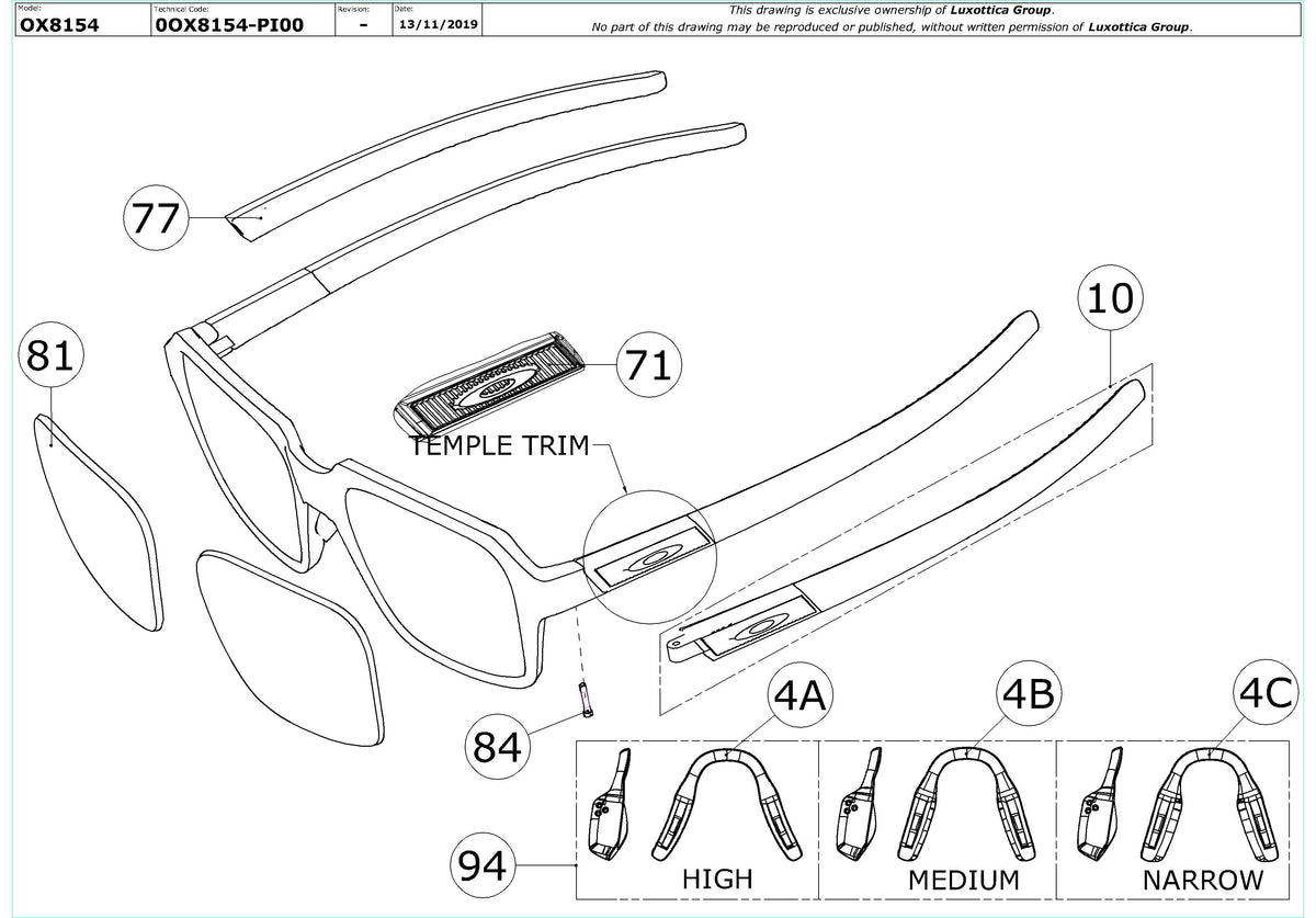 Exploded technical drawing of the Oakley Miter OX8154 Glasses Replacement Parts, with each replacement part numbered