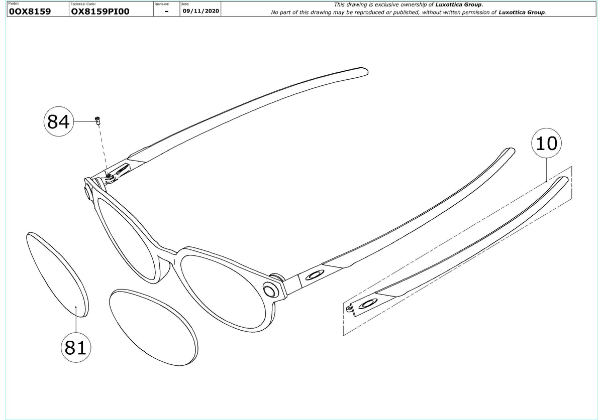 Enlarged technical drawing of the Oakley Bolster OX8159 Glasses Replacement Parts