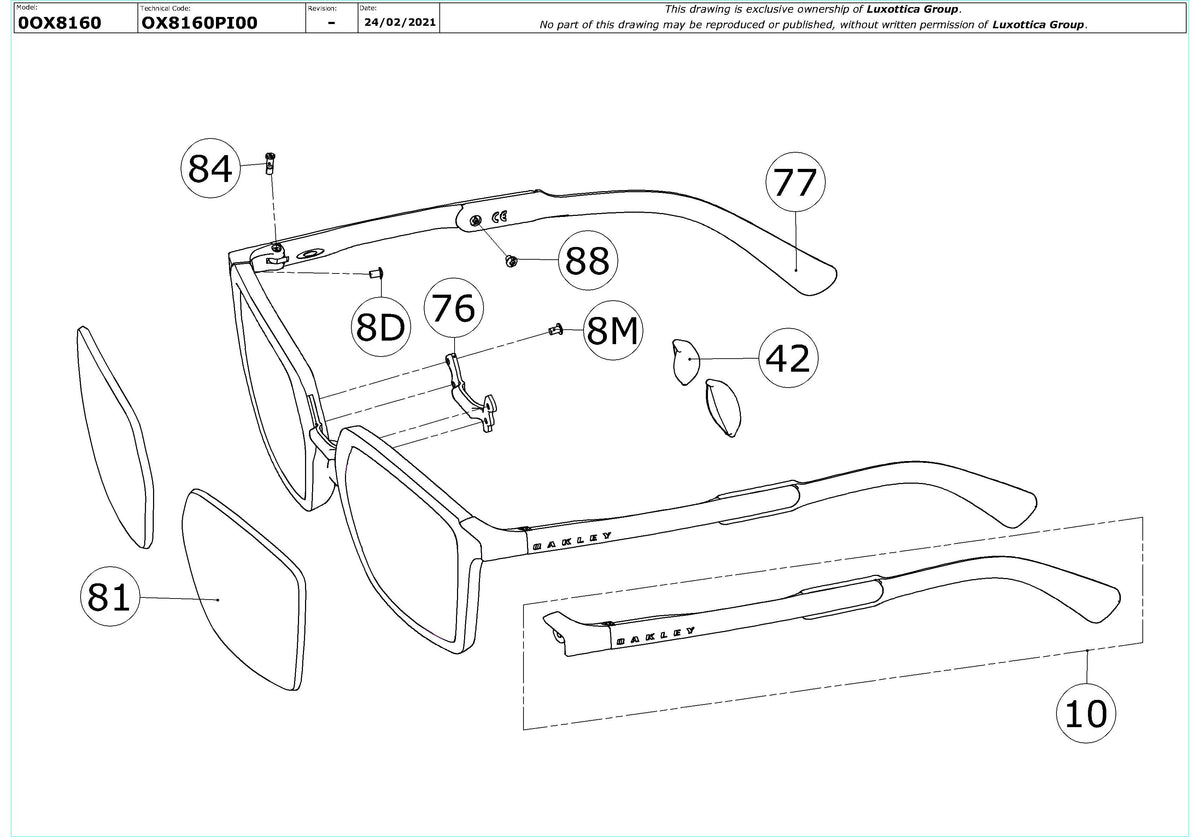 Enlarged technical drawing of the Oakley Sideswept RX OX8160 Glasses Replacement Parts