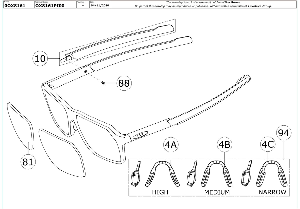 Enlarged technical drawing of the Oakley Bevel OX8161 Glasses Replacement Parts