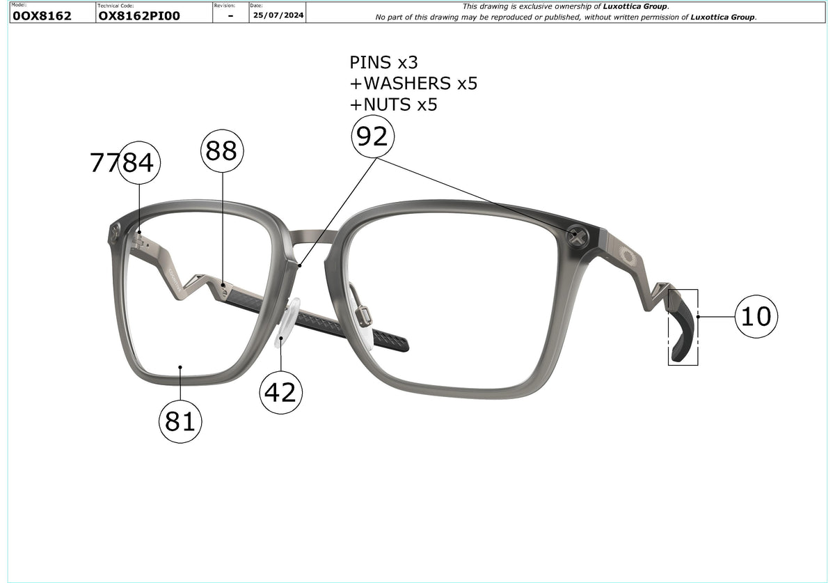 Exploded technical drawing of the Oakley Cognitive OX8162 Glasses Replacement Parts, with each replacement part numbered