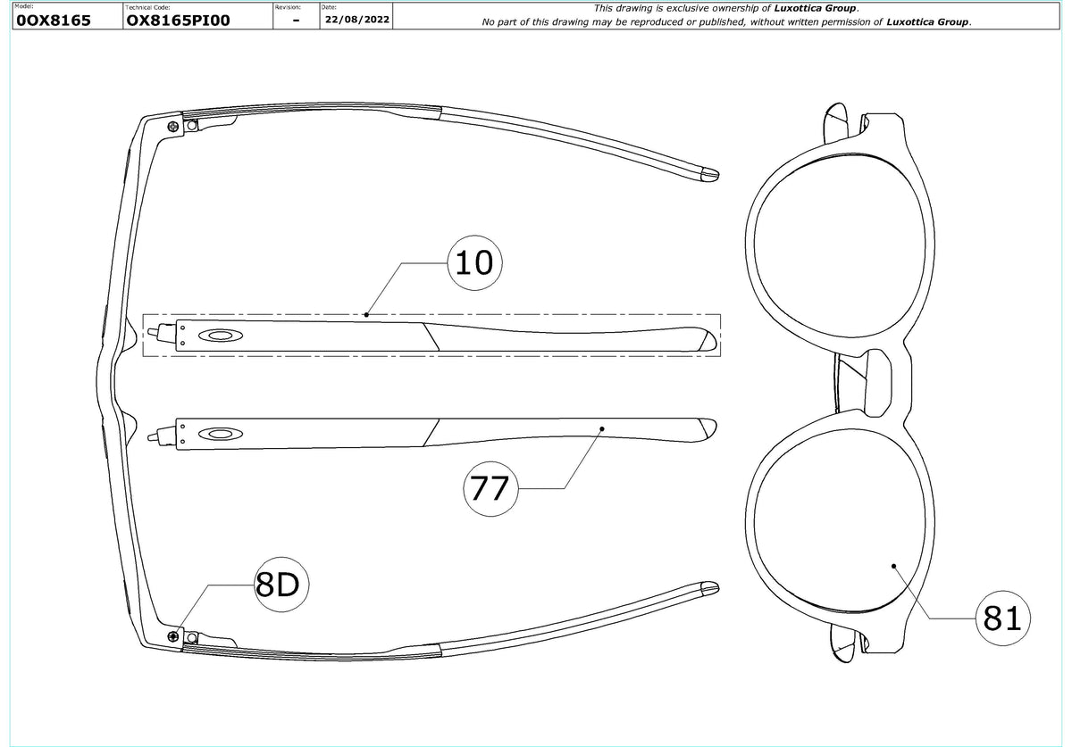 Exploded technical drawing of the Oakley Saddle OX8165 Glasses Replacement Parts, with each replacement part numbered