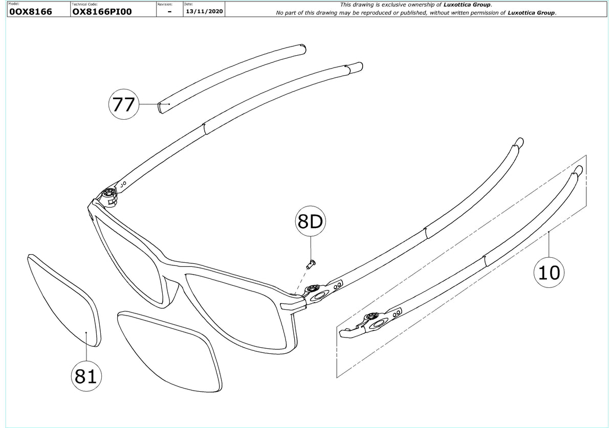 Exploded technical drawing of the Oakley Wheel House OX8166 Glasses Replacement Parts, with each replacement part numbered