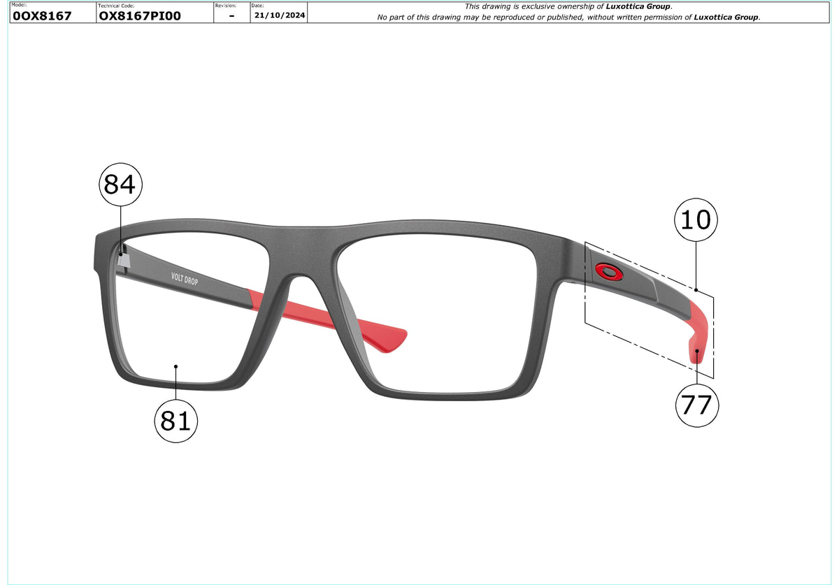 Exploded technical drawing of the Oakley Volt Drop OX8167 Glasses Replacement Parts, with each replacement part numbered