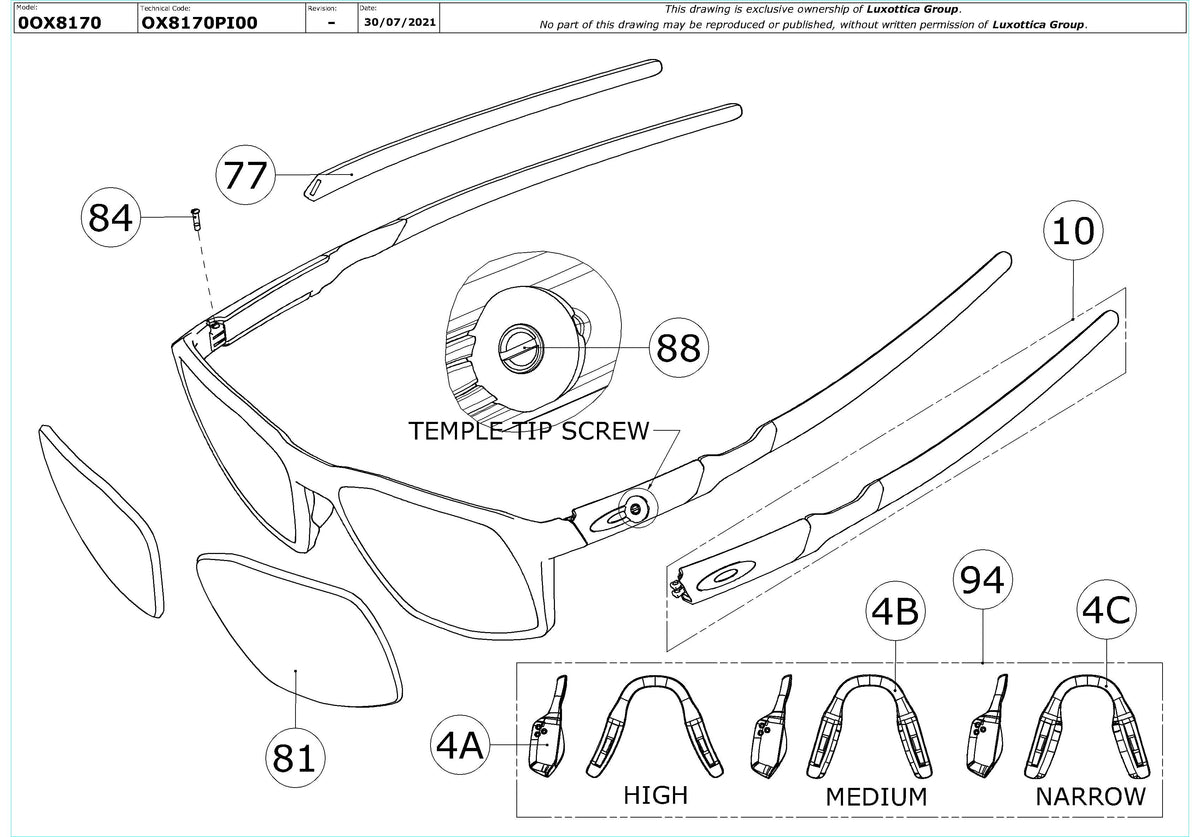 Exploded technical drawing of the Oakley Tensile OX8170 Glasses Replacement Parts, with each replacement part numbered