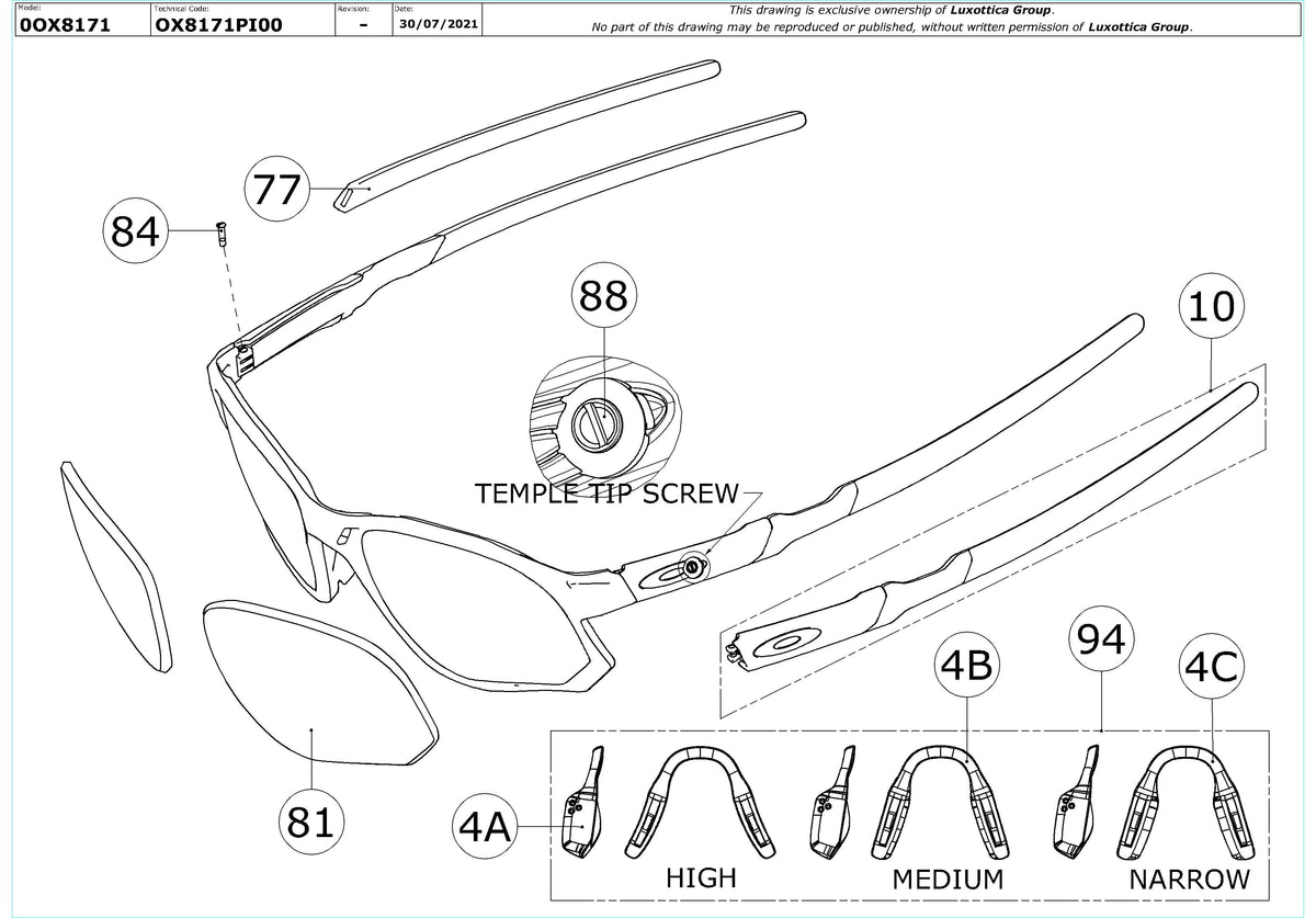 Enlarged technical drawing of the Oakley Trajectory OX8171 Glasses Replacement Parts