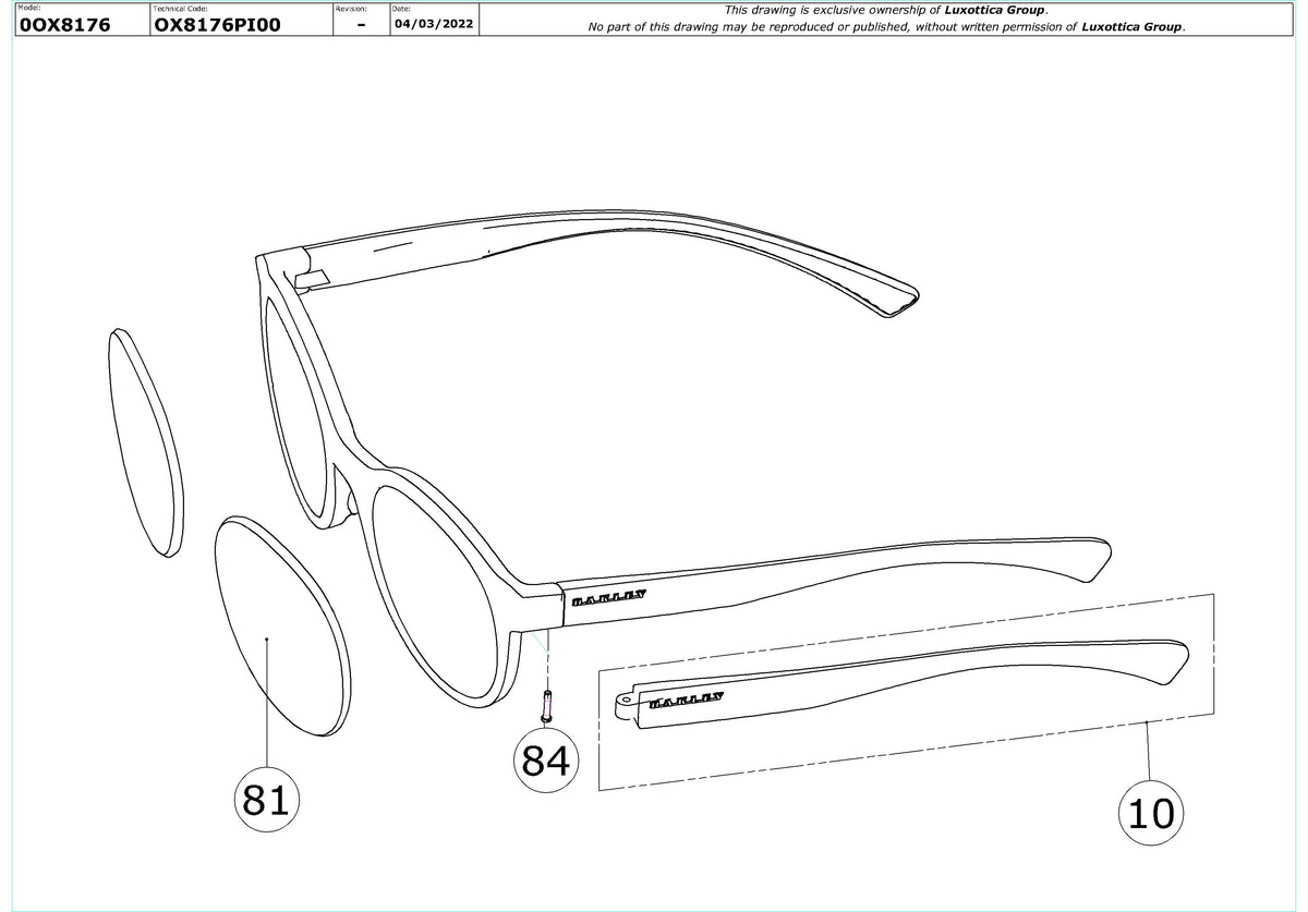 Enlarged technical drawing of the Oakley Spindrift RX OX8176 Glasses Replacement Parts