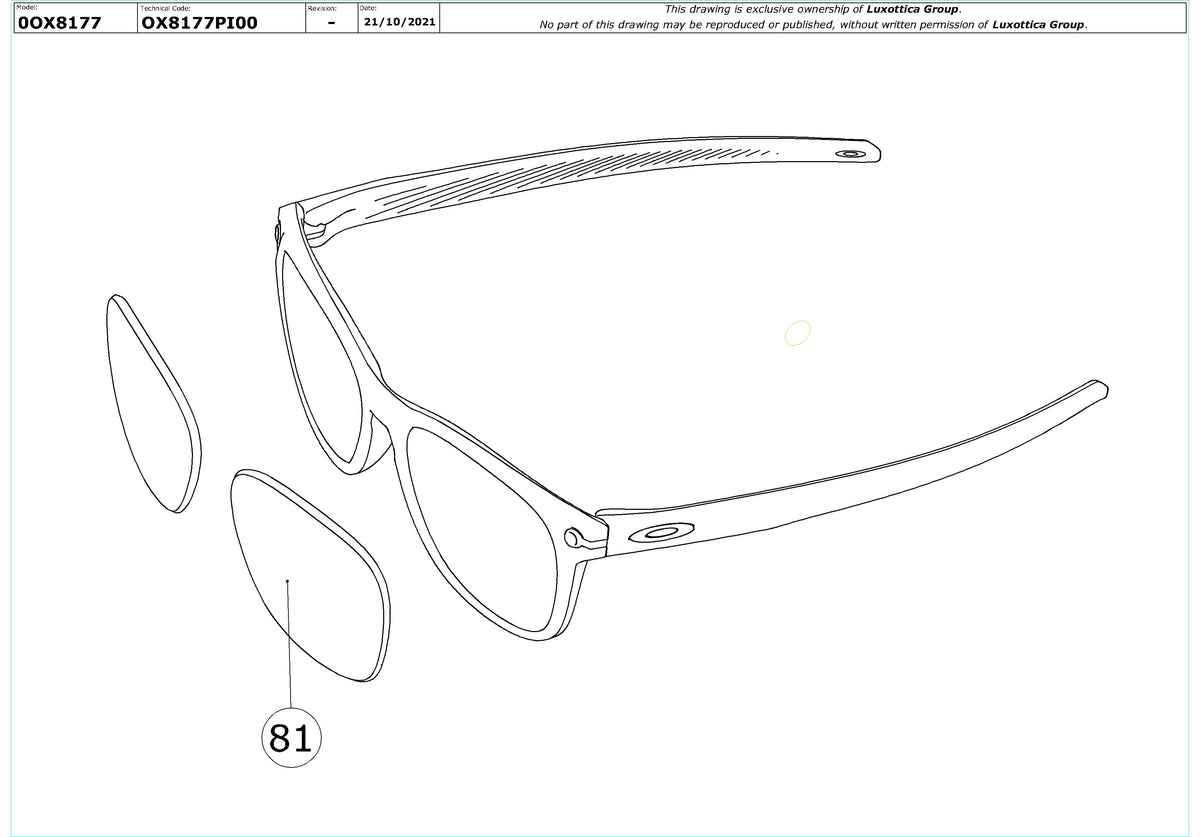 Exploded technical drawing of the Oakley Ojector RX OX8177 Glasses Replacement Parts, with each replacement part numbered